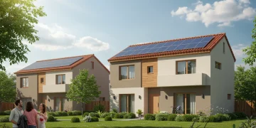 Vivienda rehabilitada con paneles solares y jardín sostenible en España, mostrando eficiencia energética.