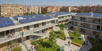 Edificio moderno de vivienda social en España con paneles solares y zonas verdes, simbolizando eficiencia y comunidad en 2026.