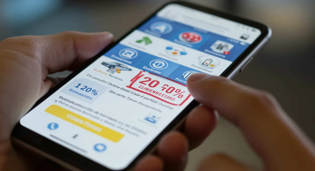 Pantalla de smartphone con una aplicación de alquiler de coches mostrando un descuento del 20% en un programa de fidelización.
