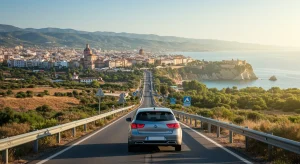 Alquiler de Coches en España: 20% Más Beneficios en 2026 Coche moderno de alquiler circulando por una carretera escénica en España, con un paisaje soleado y montañas al fondo.