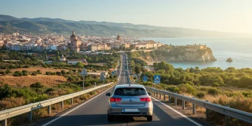 Coche moderno de alquiler circulando por una carretera escénica en España, con un paisaje soleado y montañas al fondo.