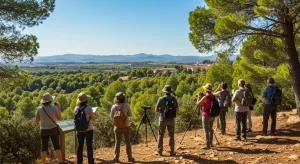Grupo de ecoturistas observando aves en un parque natural español durante un proyecto de conservación.