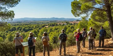 Grupo de ecoturistas observando aves en un parque natural español durante un proyecto de conservación.