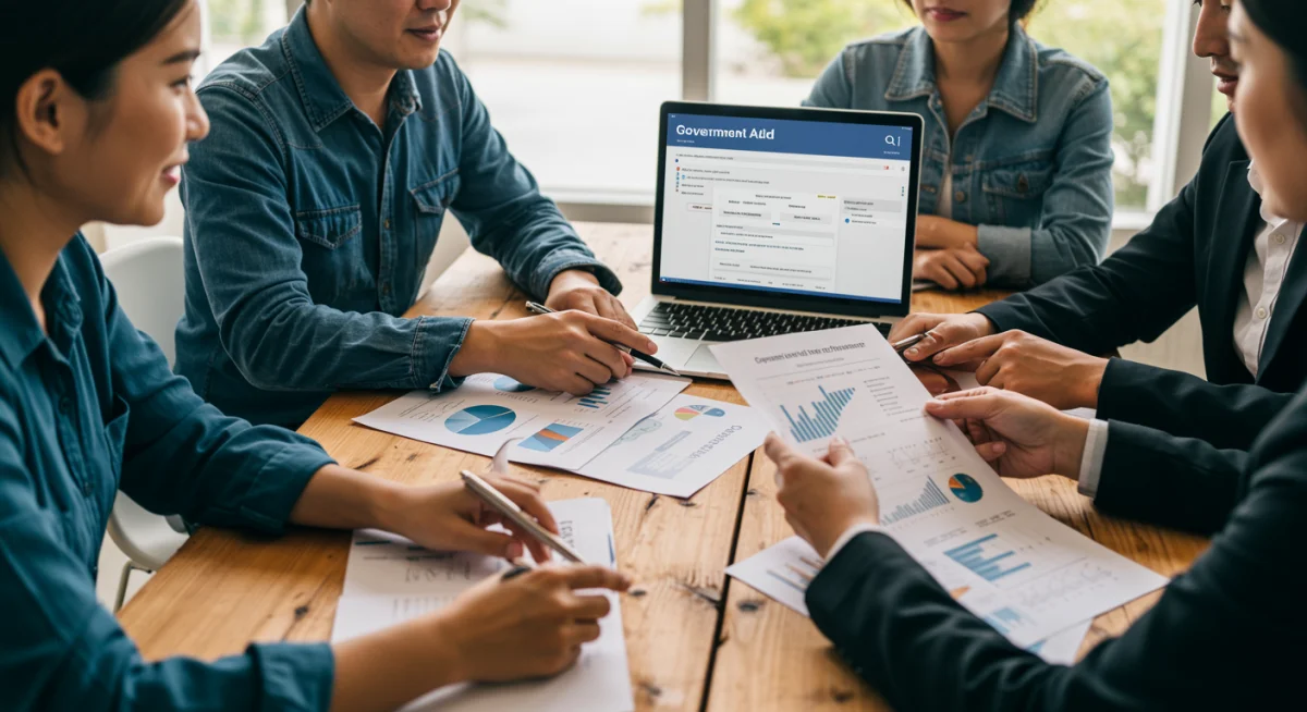 Empresarios turísticos analizando documentos de ayudas estatales y planes de inversión.