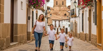 Familia española feliz explorando una ciudad histórica, disfrutando de un viaje subvencionado en 2026.