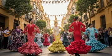 Gente bailando flamenco en una calle española colorida durante un festival cultural, con arquitectura histórica de fondo.