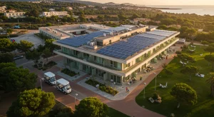 Inversiones Sostenibles Turismo España 2026: Beneficios Fiscales y 12% Rentabilidad Hotel ecológico moderno en la costa española con paneles solares y jardines verdes