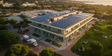 Hotel ecológico moderno en la costa española con paneles solares y jardines verdes