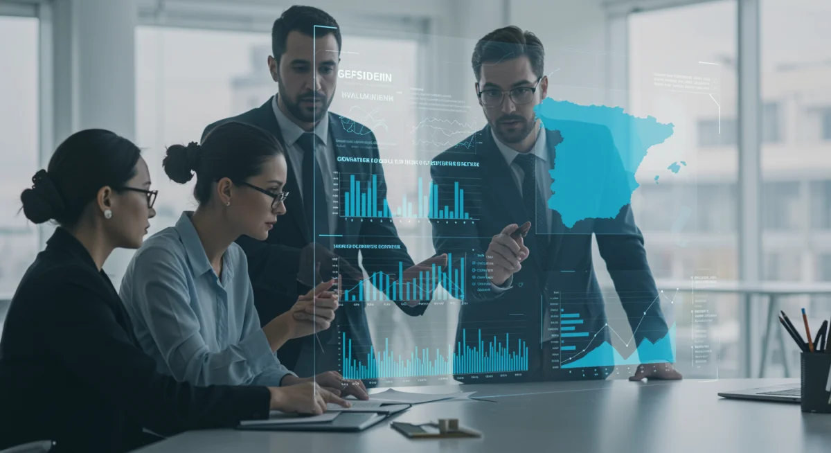 Inversores analizando datos de crecimiento y oportunidades en el sector turístico digitalizado español.