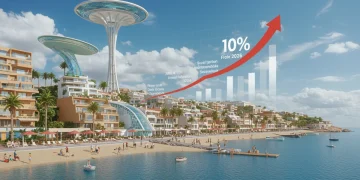 Paisaje costero español futurista con gráficos de rentabilidad del 10% en inversiones turísticas para 2026.