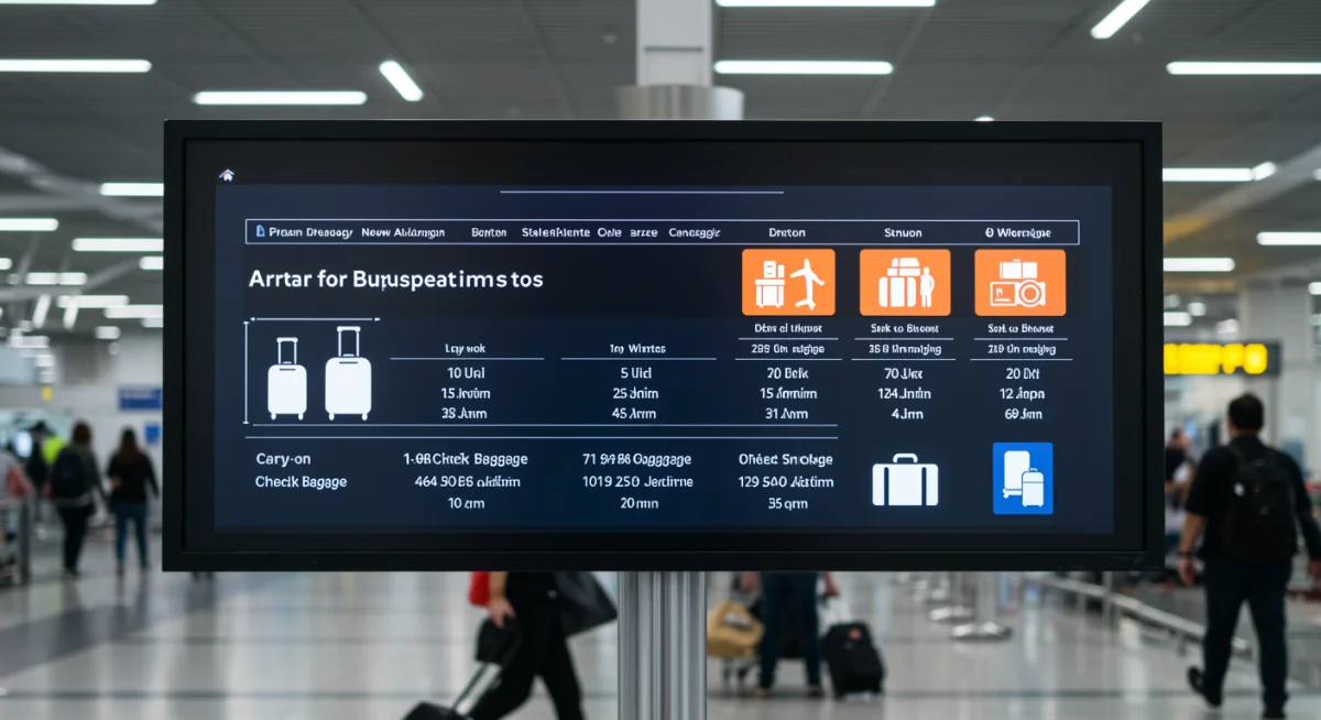 Pantalla digital en aeropuerto mostrando límites de peso y dimensiones de equipaje de aerolíneas.