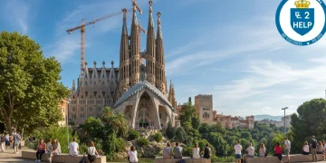 Paisaje emblemático español con turistas, simbolizando las ayudas estatales para viajes nacionales.