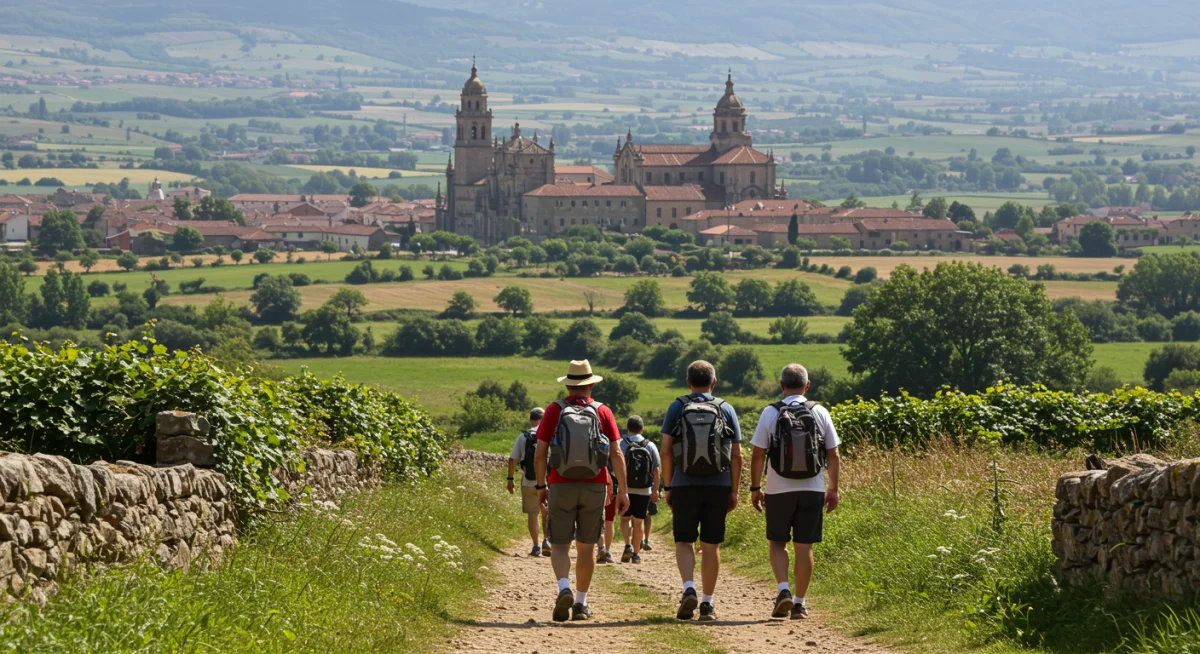 Peregrinos caminando por un sendero verde del Camino de Santiago, con una iglesia antigua al fondo.