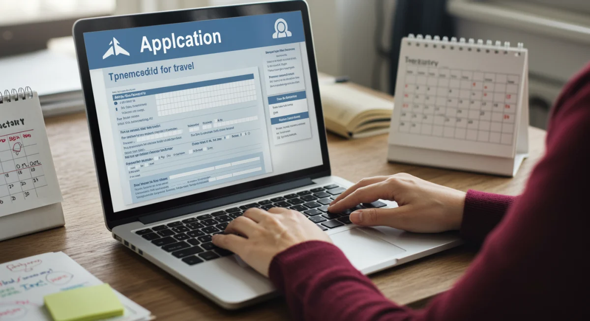 Persona rellenando formularios de solicitud de ayudas en un ordenador, con documentos oficiales.