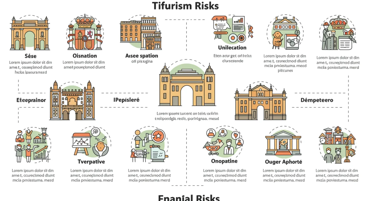 Infografía de riesgos financieros en inversiones turísticas con iconos y datos relevantes.