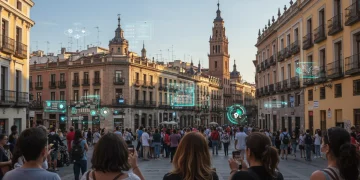 Turistas interactuando con tecnología digital en una ciudad española, simbolizando la modernización del sector turístico.