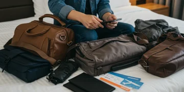 Viajero organizando equipaje cuidadosamente antes de un vuelo, revisando políticas de aerolíneas.