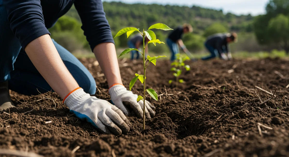 Voluntario plantando un árbol en un proyecto de reforestación en España.