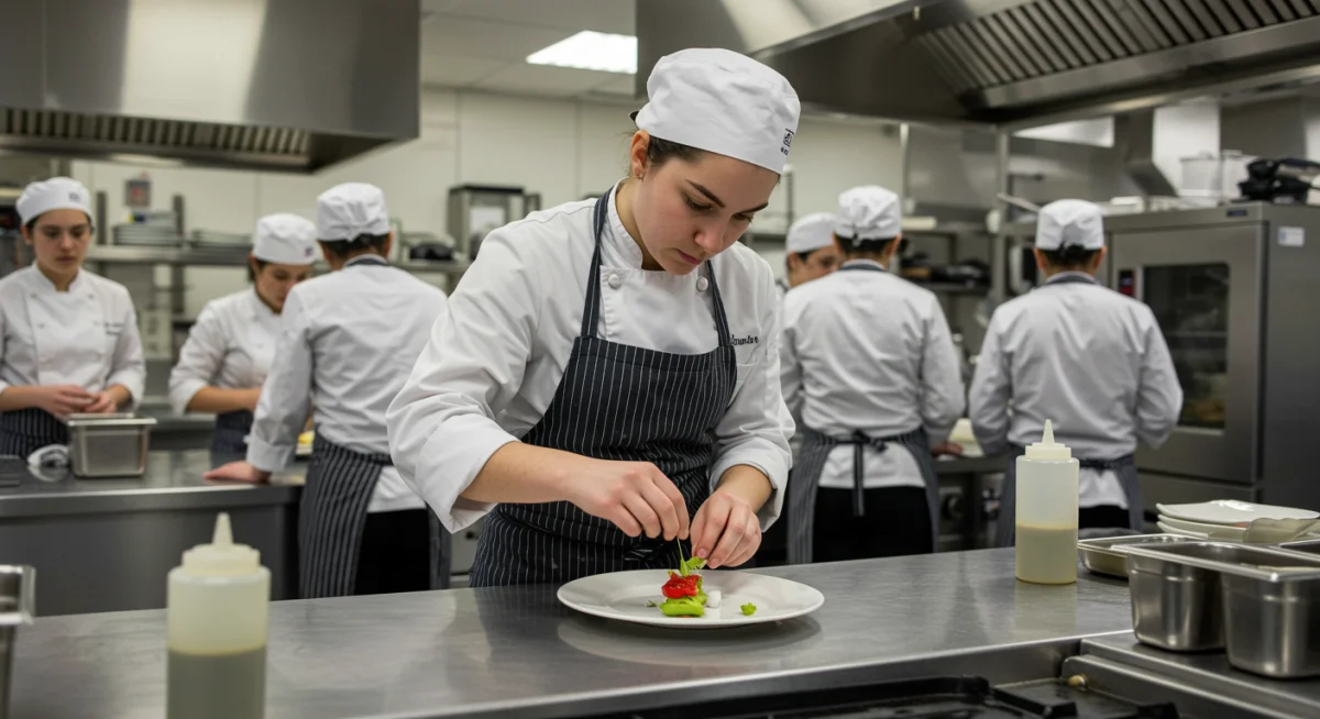 Estudiante concentrado en la decoración de un plato en una moderna cocina de escuela culinaria en España, mostrando aprendizaje práctico.