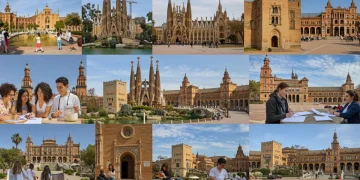 Estudiantes participando en diversas actividades de aprendizaje experiencial en diferentes ciudades de España, con un toque moderno y dinámico.