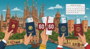 Manos sosteniendo pasaportes y billetes de avión con un calendario de cuenta regresiva de 60 días, símbolos de viajes y ayudas estatales.