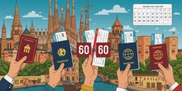 Manos sosteniendo pasaportes y billetes de avión con un calendario de cuenta regresiva de 60 días, símbolos de viajes y ayudas estatales.