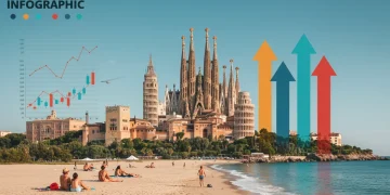 Gráfico financiero mostrando crecimiento de inversión turística en España para 2026 con rentabilidad del 6%.