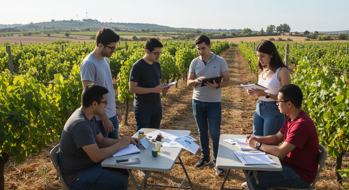 Estudiantes internacionales colaborando en un proyecto de sostenibilidad en un viñedo español, aplicando conocimientos prácticos.