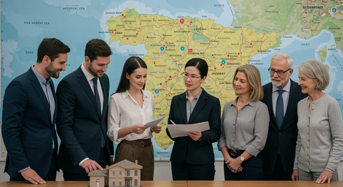 Inversores analizando ubicaciones estratégicas para propiedades vacacionales en un mapa de España.
