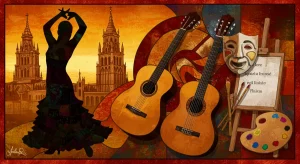 Mosaico vibrante de elementos culturales españoles: flamenco, guitarra, teatro y arte, simbolizando eventos exclusivos.
