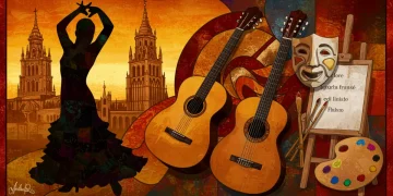 Mosaico vibrante de elementos culturales españoles: flamenco, guitarra, teatro y arte, simbolizando eventos exclusivos.