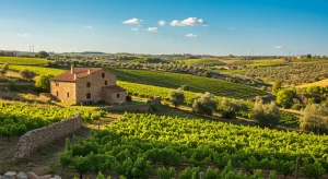 Paisaje rural idílico en España con casa de piedra y viñedos, simbolizando las oportunidades del turismo rural.