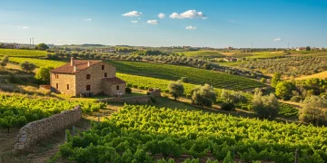 Paisaje rural idílico en España con casa de piedra y viñedos, simbolizando las oportunidades del turismo rural.