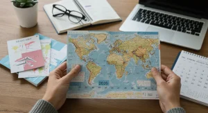 Ayudas Estatales 2026: Clave para Viajes de Largo Plazo Persona planificando un viaje a largo plazo con documentos y ordenador, analizando ayudas estatales de 2026.