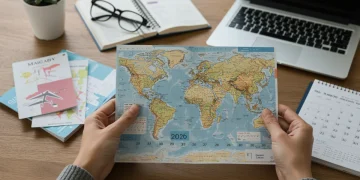 Persona planificando un viaje a largo plazo con documentos y ordenador, analizando ayudas estatales de 2026.