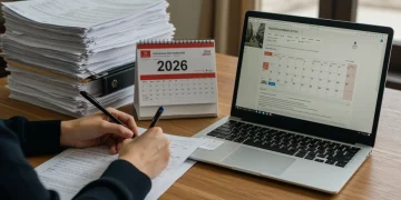 Persona rellenando cuidadosamente un formulario de solicitud de ayudas estatales para viajes 2026