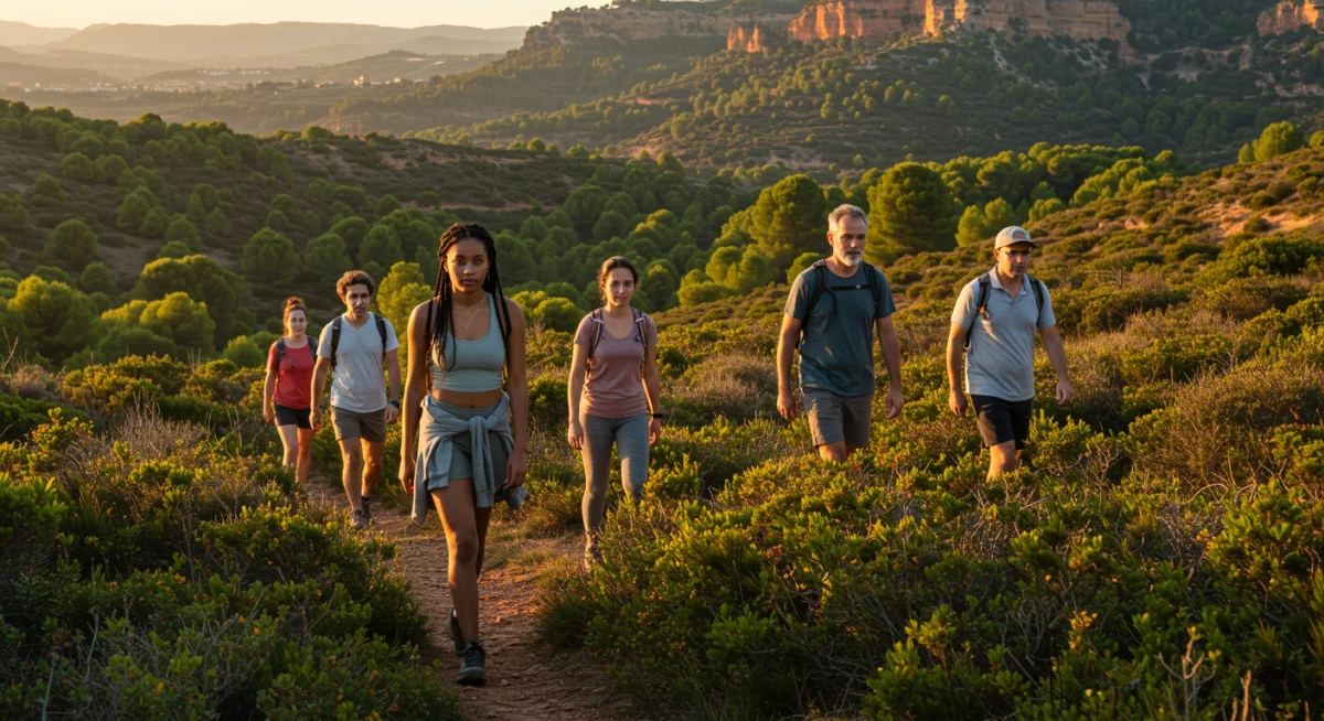 Grupo de personas practicando senderismo en un parque natural español, representando el turismo de experiencias.