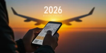 Viajero consultando cambios en programa de fidelización, con un avión en el fondo.