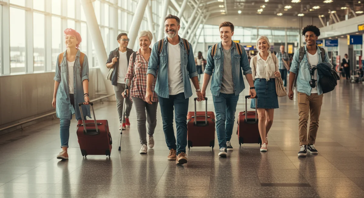 Viajeros diversos caminando por un aeropuerto, simbolizando viajes de largo plazo accesibles.