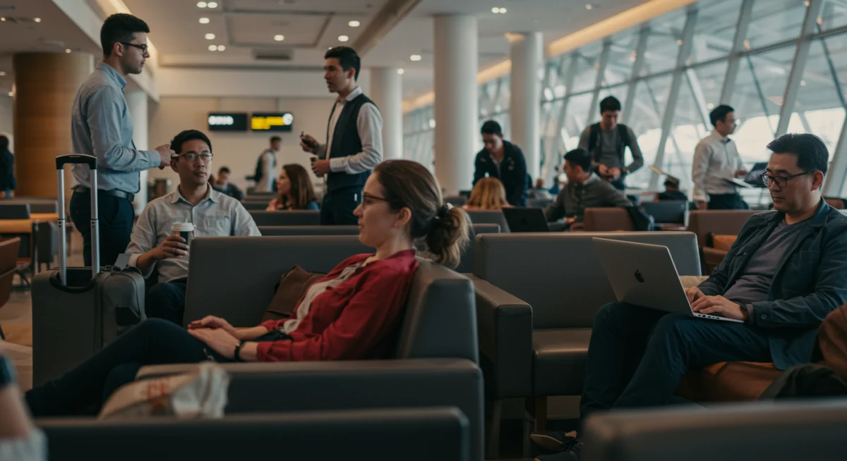 Viajeros en sala VIP de aeropuerto, adaptándose a nuevas normativas de programas de fidelización.