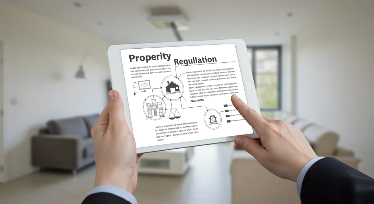 Manos sosteniendo una tablet con un documento legal sobre regulaciones de propiedad, representando la adaptación a la nueva normativa.