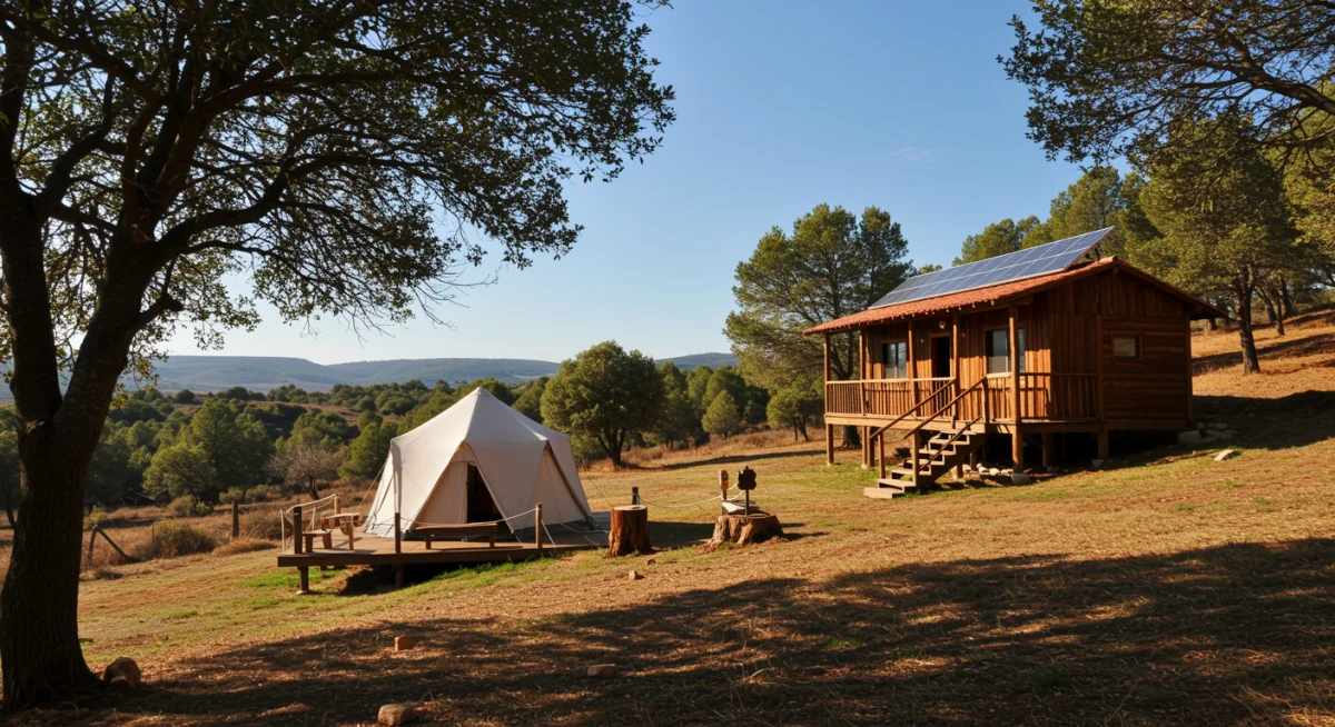 Alojamiento turístico sostenible en un entorno natural español, destacando prácticas ecológicas.