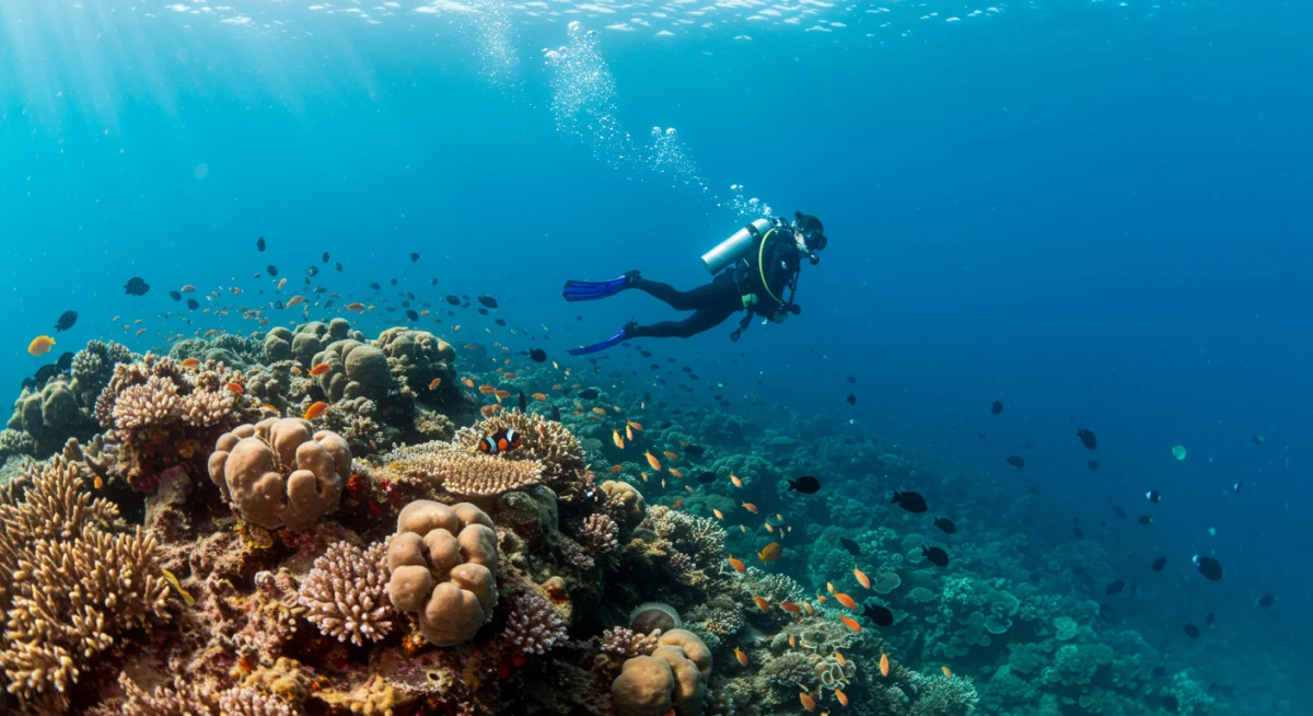 Buceador explorando el ecosistema marino de las Islas Medas, un destino excepcional para el buceo en España.