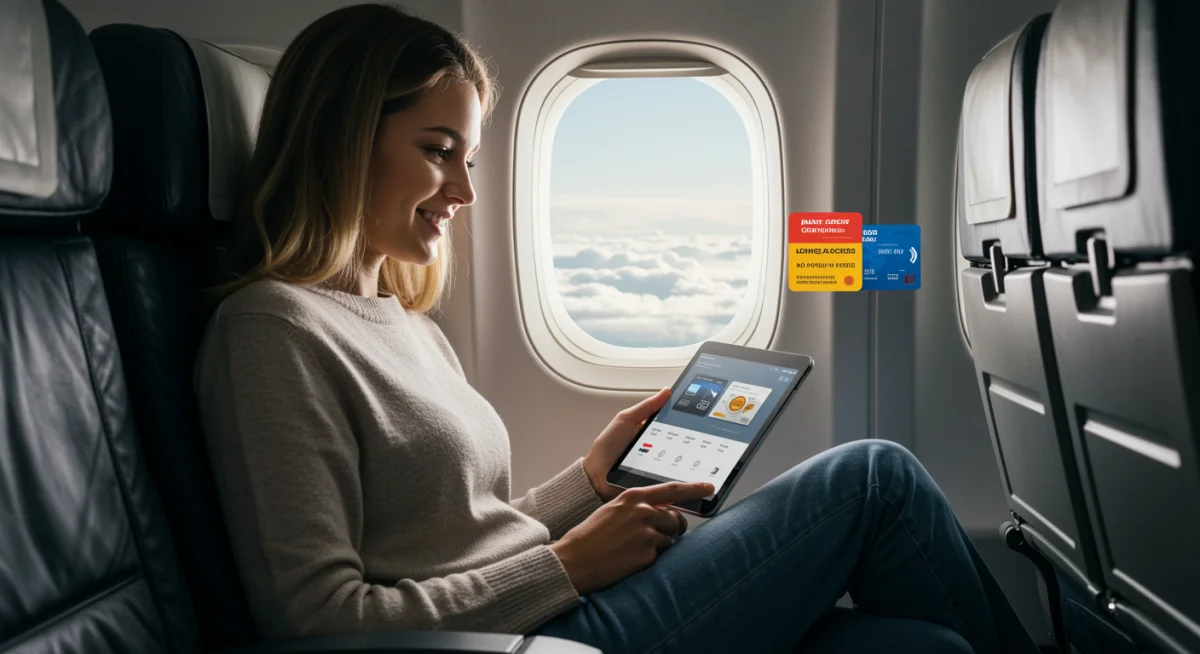 Persona comparando ofertas de tarjetas de crédito de viaje con beneficios como acceso a salas VIP y cero comisiones en el extranjero.