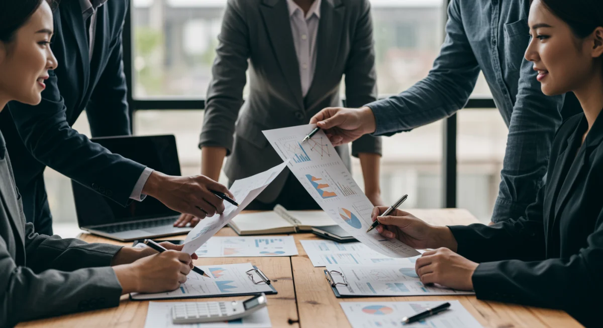 Profesionales discutiendo estrategias de inversión en una oficina moderna, simbolizando la planificación ante los cambios regulatorios.