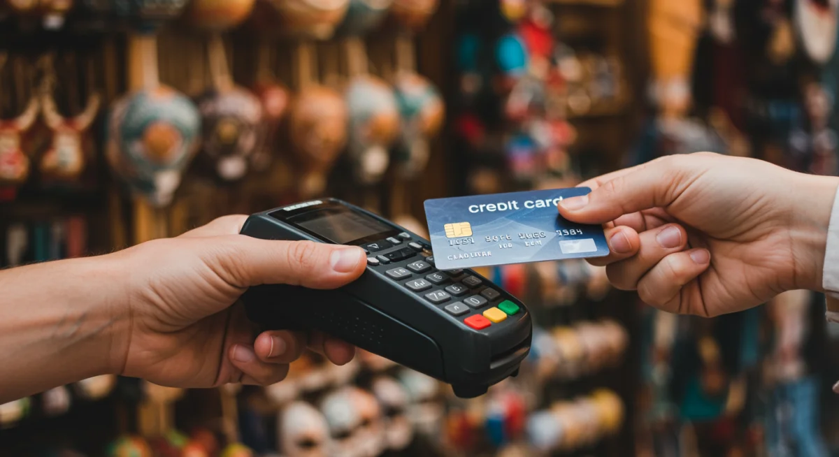 Mano usando una tarjeta de crédito contactless en una terminal de pago en una tienda de souvenirs española.