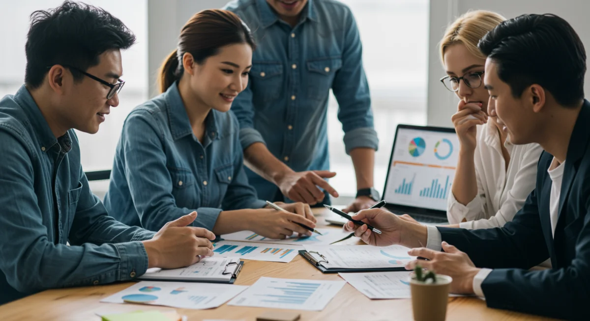 Profesionales del turismo colaborando en una reunión estratégica sobre financiación y proyectos.