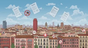 Paisaje urbano español con edificios y documentos regulatorios flotando, simbolizando las nuevas regulaciones de alquiler turístico en España.