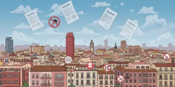 Paisaje urbano español con edificios y documentos regulatorios flotando, simbolizando las nuevas regulaciones de alquiler turístico en España.