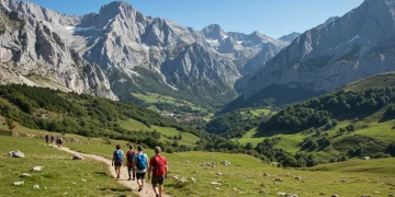 Senderistas disfrutando de las vistas panorámicas en los Picos de Europa, un destino ideal para el turismo activo en España.